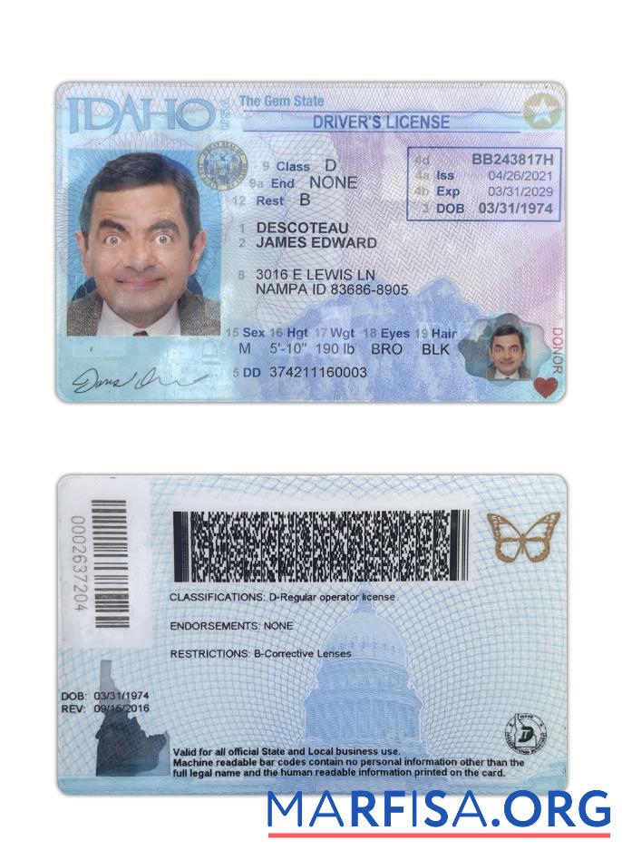 Printable USA Idaho driving license 2021 present sample